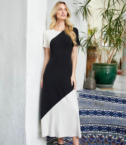 Short Sleeve Contrast Midi Dress
