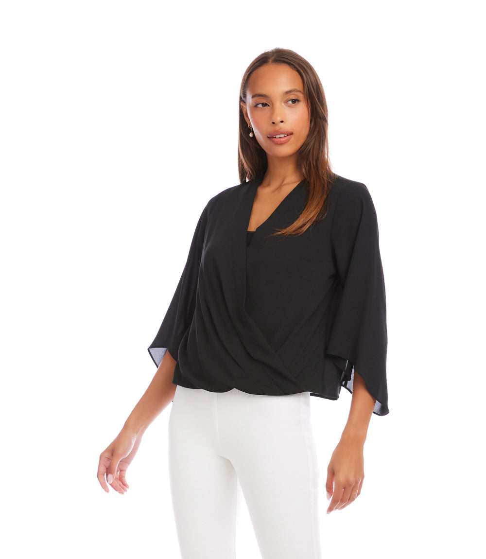 Petite Size Bracelet Sleeve Drape Front Crossover Top