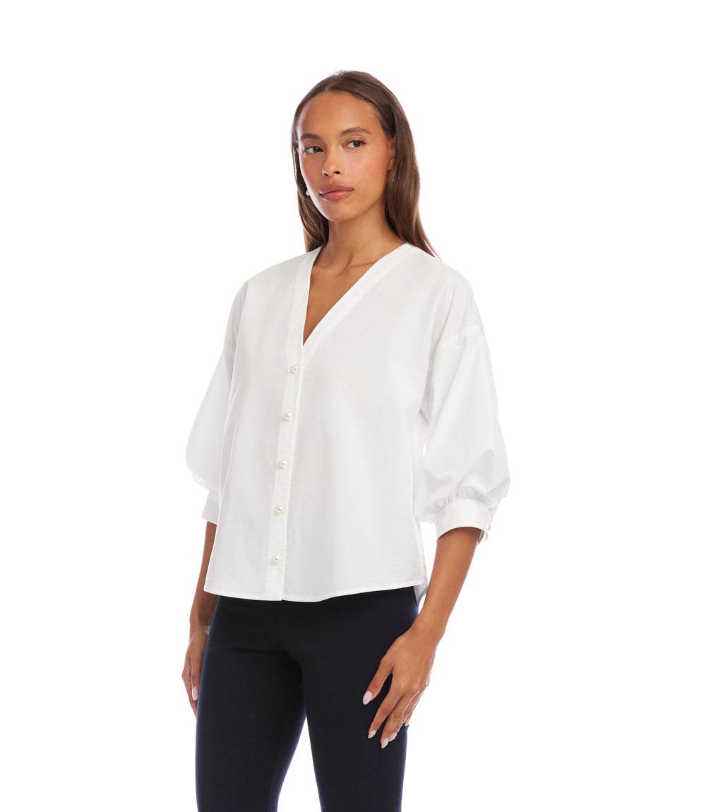 Petite Size Lantern Sleeve Pearl Button Top