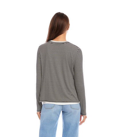 Long Sleeve Stripe Double Layer Side-Slit Top