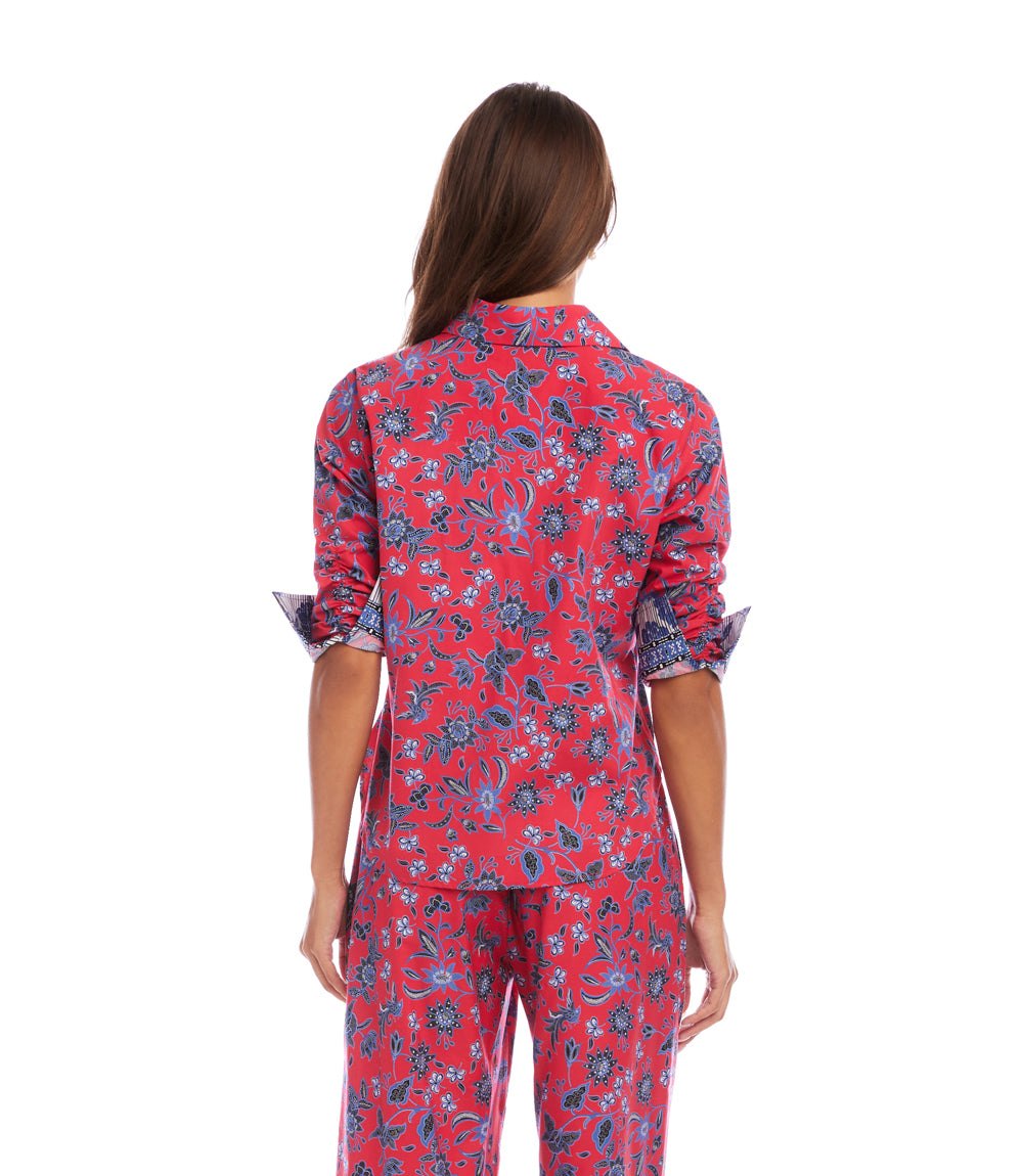 Petite Size Ruched Sleeve Border Print Shirt