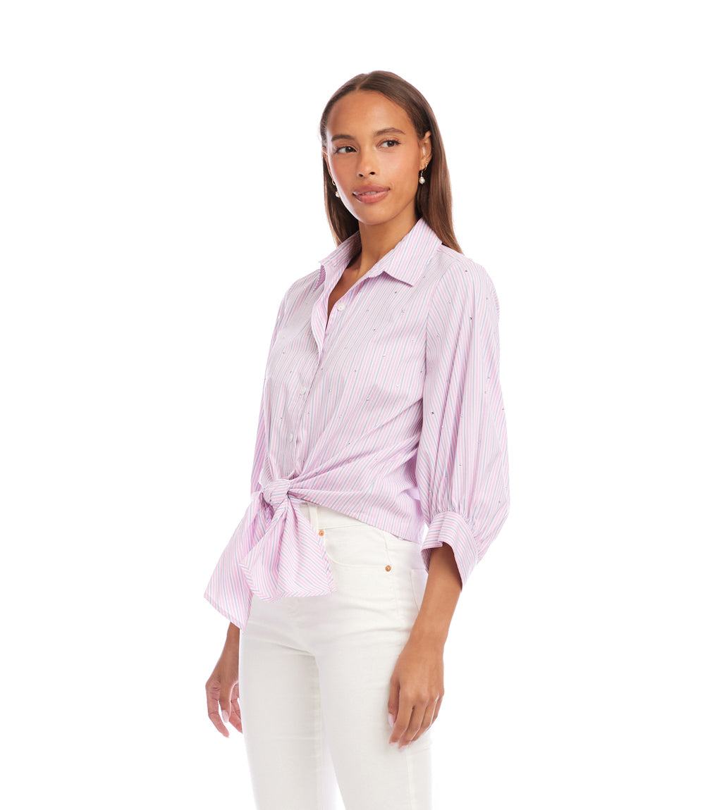 Stripe Blouson Sleeve Embellished Tie-Front Top