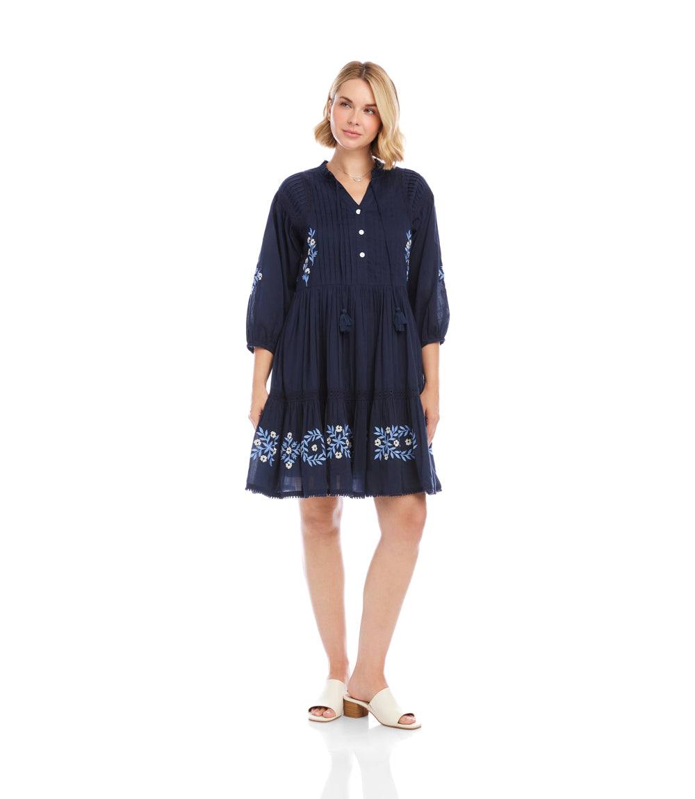 Blouson Sleeve Embroidered Lace Trim Tiered Dress