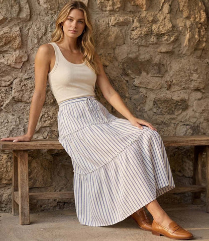 Stripe Tiered Midi Skirt