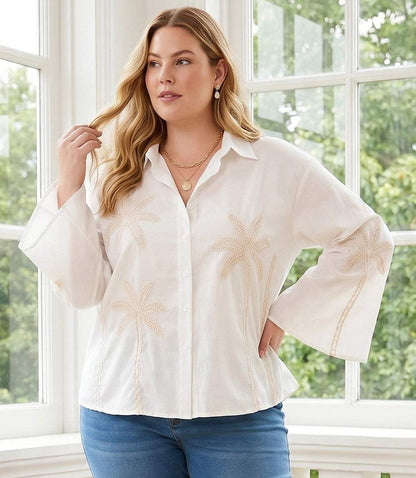 Plus Size Bell Sleeve Embroidered Palm Tree Shirt
