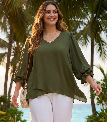 Plus Size Layered Sleeve Asymmetric Top