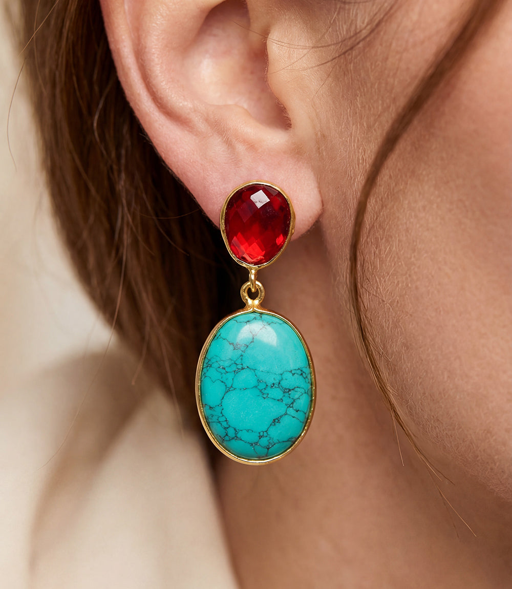 Turquoise And Ruby Crystal Earrings