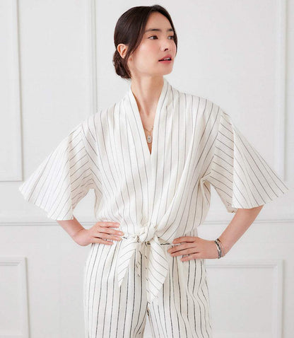 Linen Blend Stripe Flare Sleeve Tie-Front Top