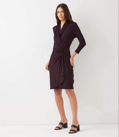 3/4 Sleeve Cascade Wrap Dress