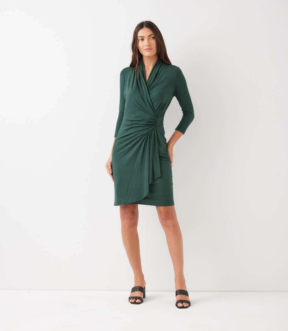 Petite Size 3/4 Sleeve Cascade Wrap Dress