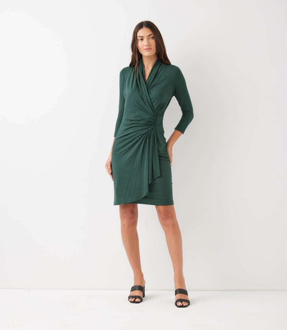Petite Size 3/4 Sleeve Cascade Wrap Dress