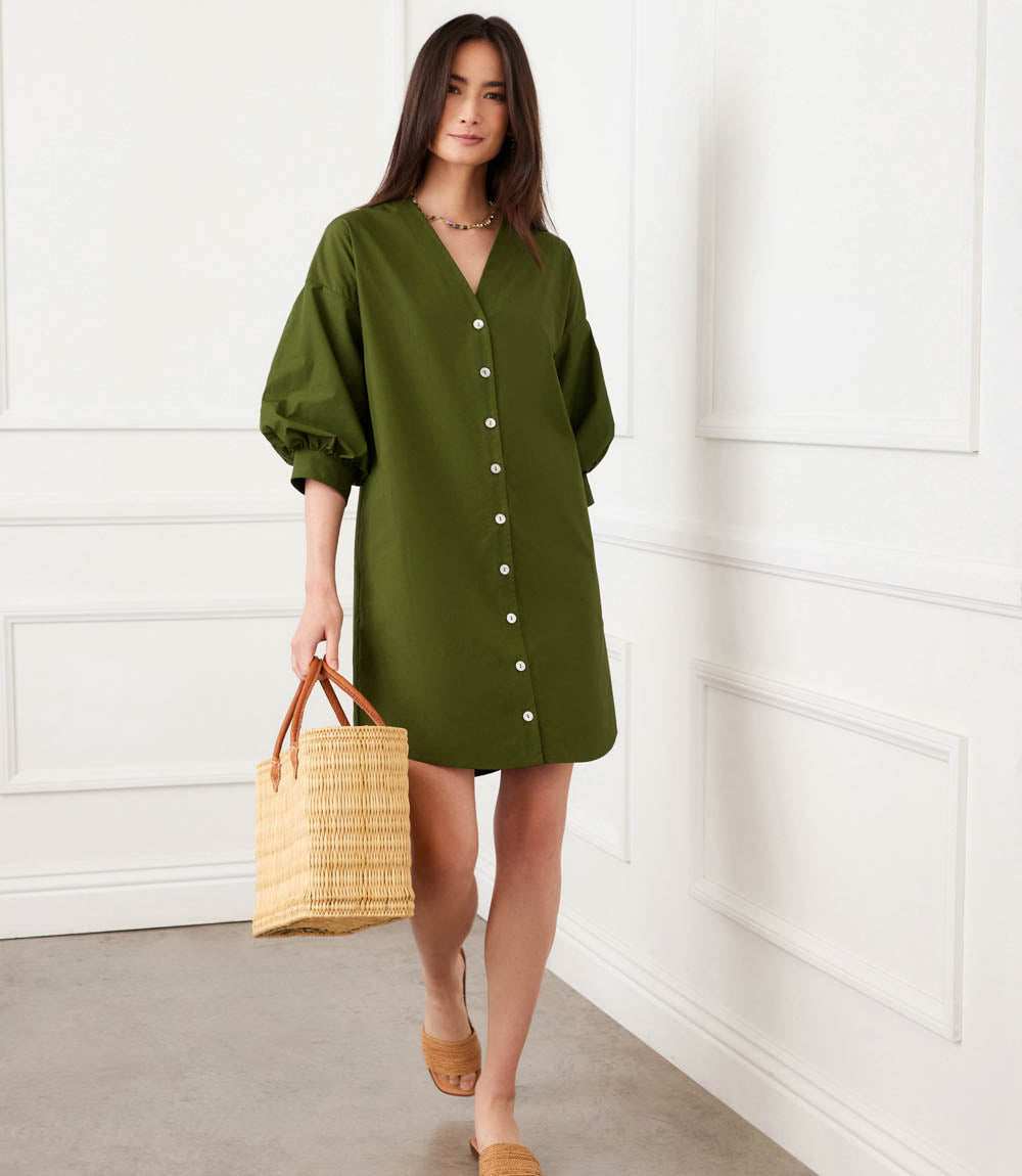 Lantern Sleeve Button-Front Dress