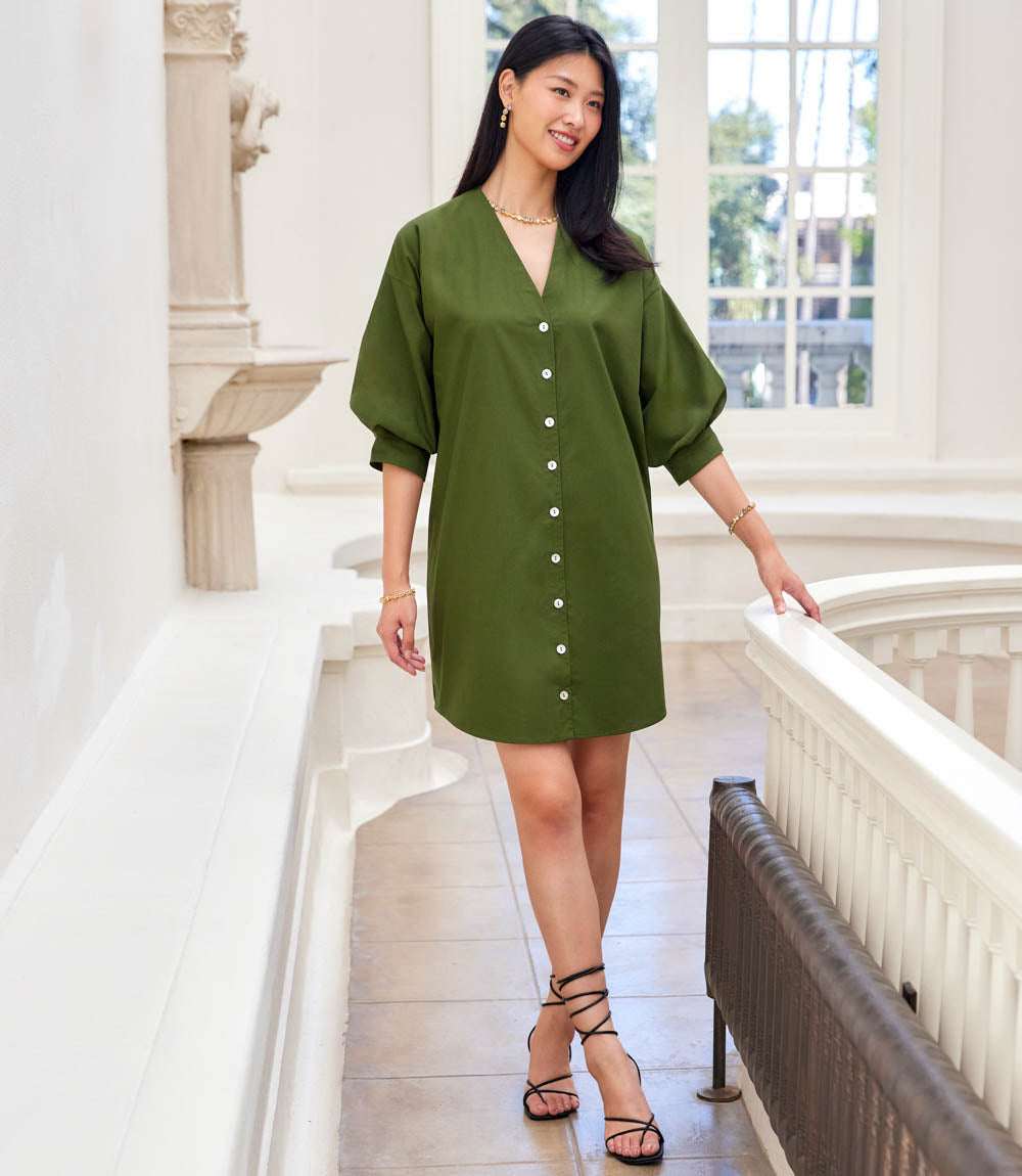 Lantern Sleeve Button-Front Dress