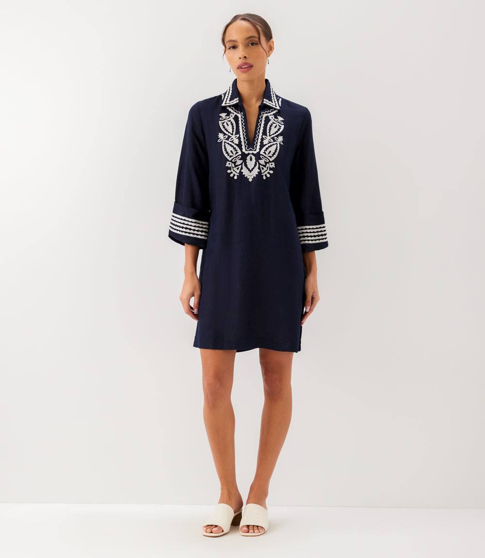 Cuffed Sleeve Embroidered Dress
