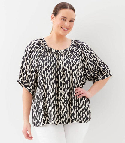 Plus Size Satin Short Sleeve Peasant Top