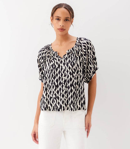 Petite Size Satin Short Sleeve Peasant Top