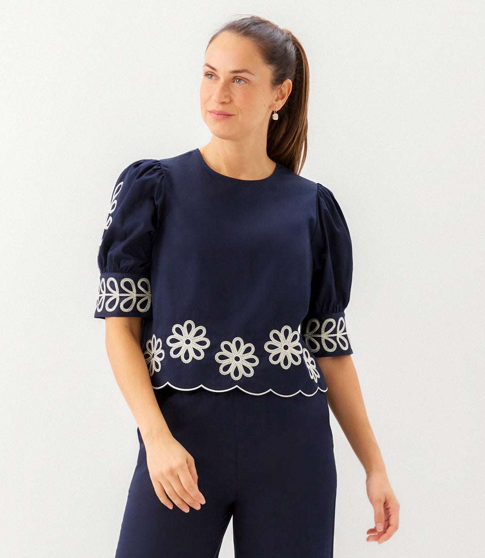 Embroidered Blouson Sleeve Scallop Top