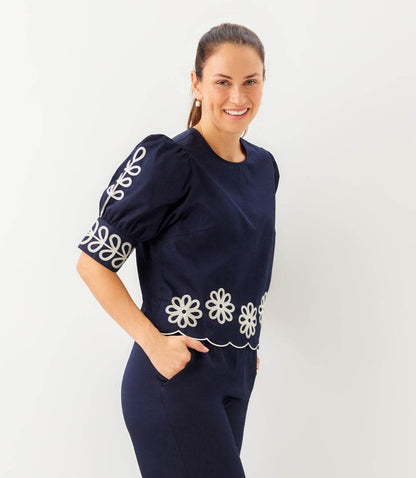 Petite Size Embroidered Blouson Sleeve Scallop Top