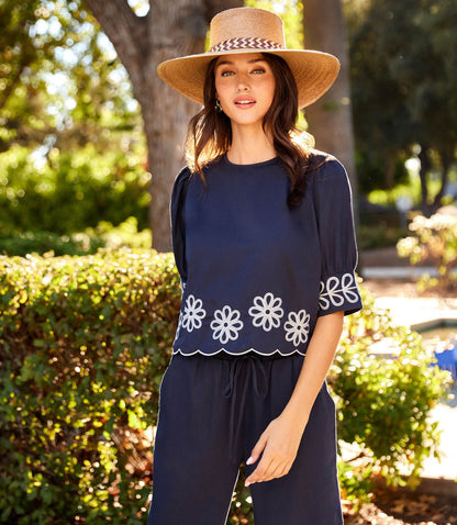Embroidered Blouson Sleeve Scallop Top