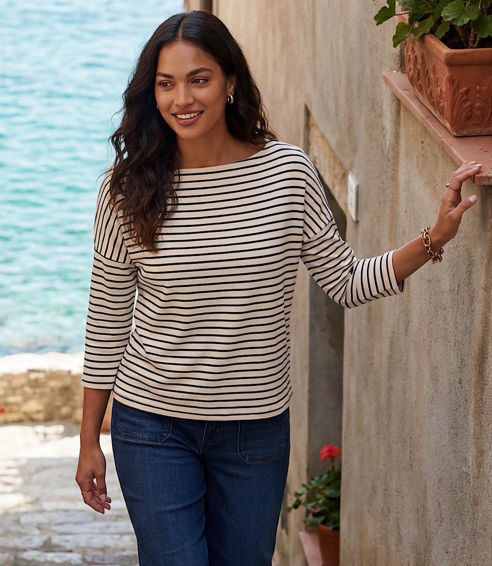 Petite Size Stripe 3/4 Sleeve Boatneck Top
