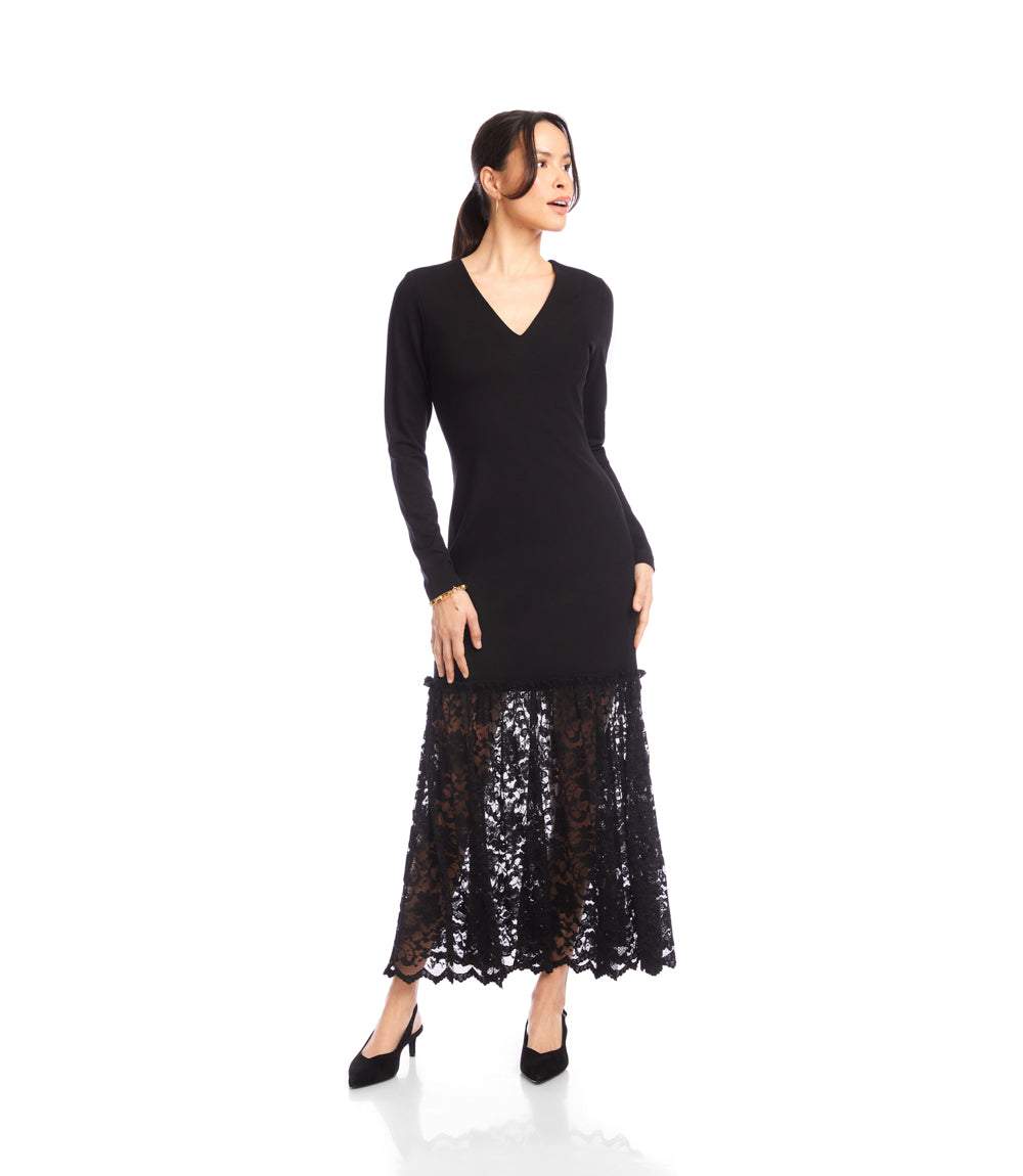Long Sleeve Contrast Lace V-Neck Column Dress