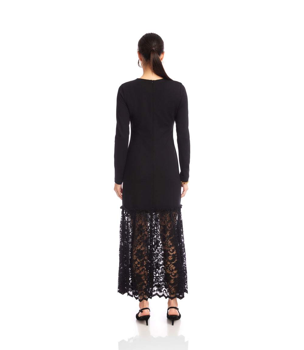 Long Sleeve Contrast Lace V-Neck Column Dress