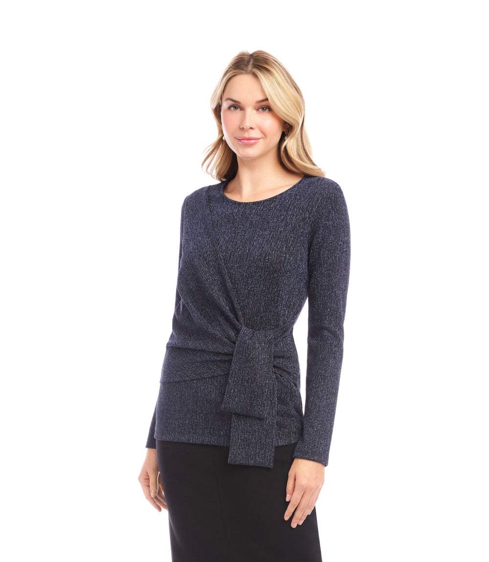 Long Sleeve Metallic Knit Side-Tie Top