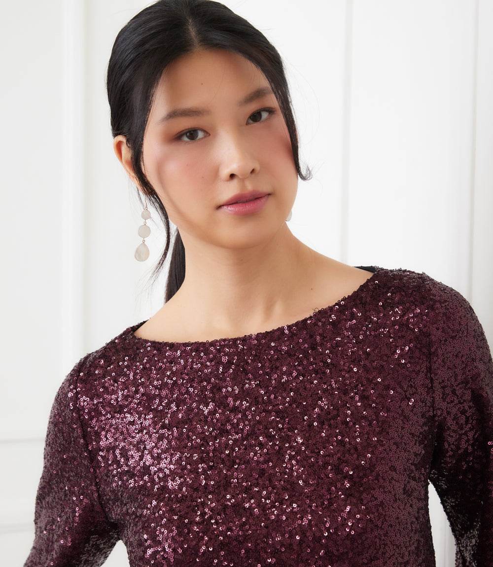 Blouson Sleeve Sequin Boatneck Top