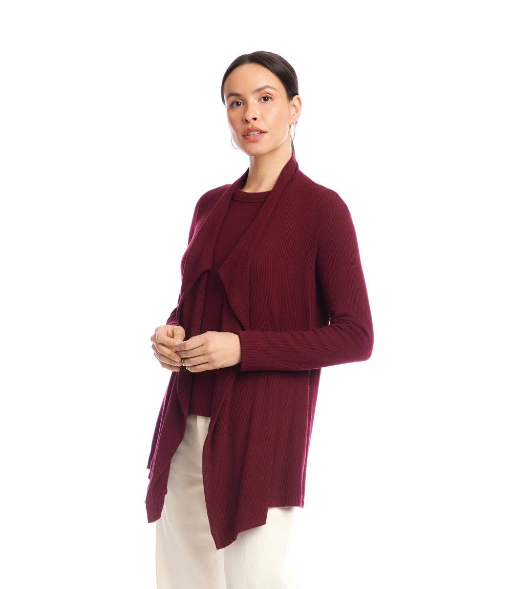 Petite Size Long Sleeve Ribbed Drape Front Cardigan