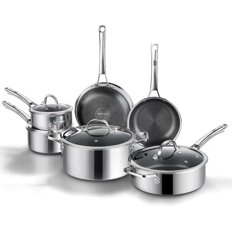 SNOWCLAD 10-Pc & 14-Pc Hybrid Metal Cookware Sets - Nonstick Stainless Steel Kitchenware