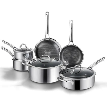 SNOWCLAD 10-Pc & 14-Pc Hybrid Metal Cookware Sets - Nonstick Stainless Steel Kitchenware