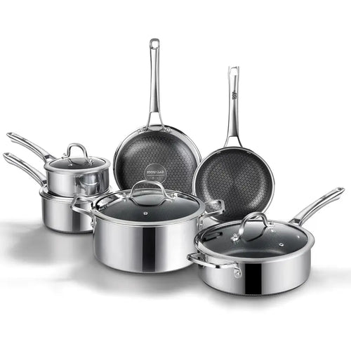 SNOWCLAD 10-Pc & 14-Pc Hybrid Metal Cookware Sets - Nonstick Stainless Steel Kitchenware