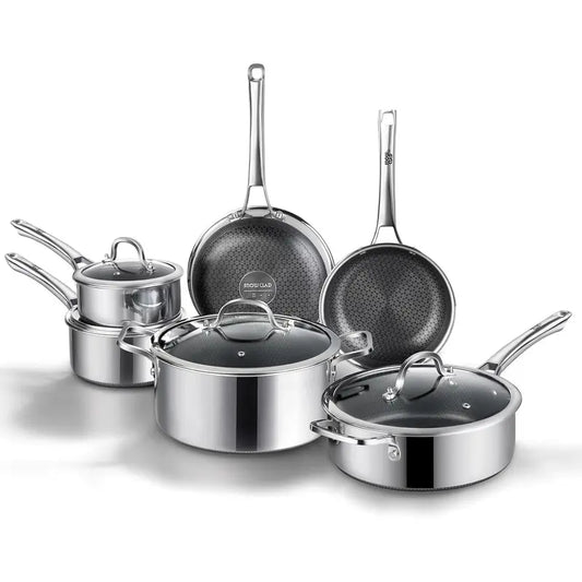 SNOWCLAD 10-Pc & 14-Pc Hybrid Metal Cookware Sets - Nonstick Stainless Steel Kitchenware