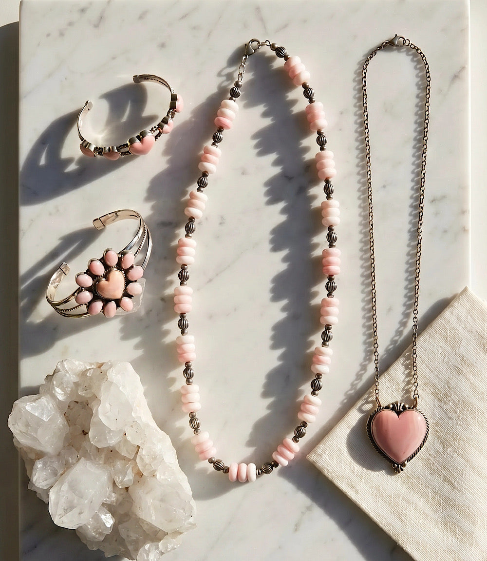 Pink Conch Beaded Sterling Silver Necklace