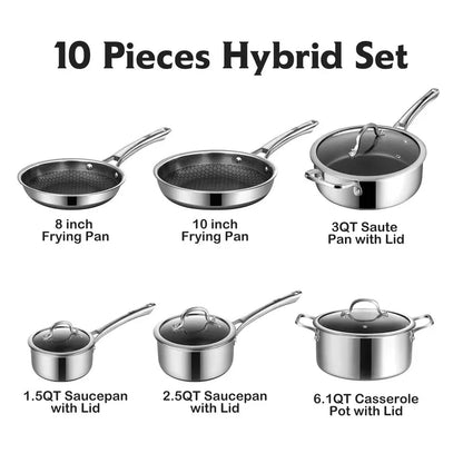 SNOWCLAD 10-Pc & 14-Pc Hybrid Metal Cookware Sets - Nonstick Stainless Steel Kitchenware
