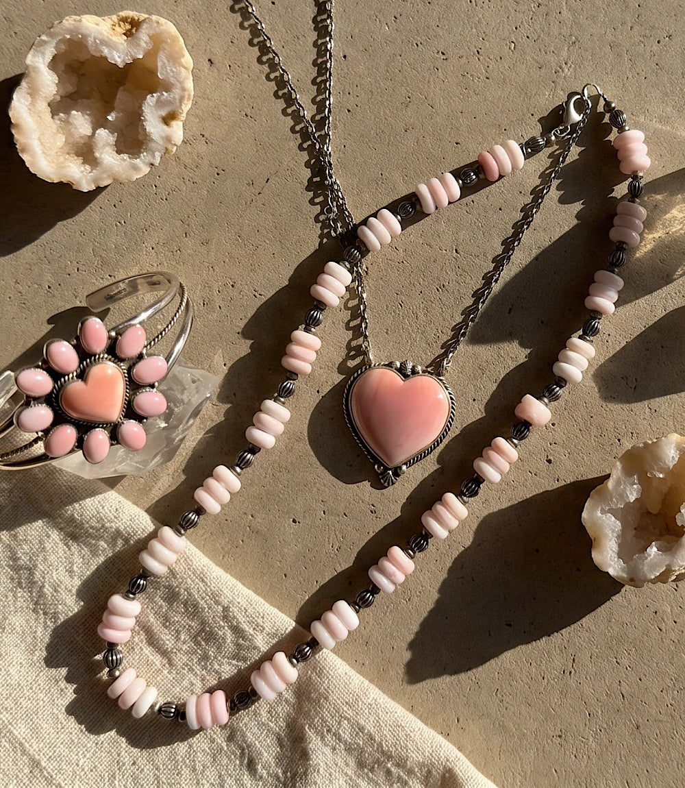 Pink Conch Beaded Sterling Silver Necklace