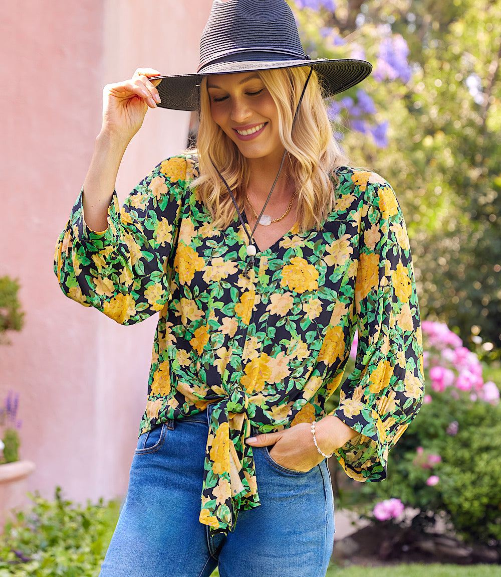 Petite Size Blouson Sleeve Tie-Front Top