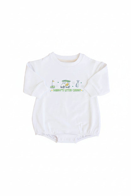 Daddy's Little Caddy Graphic Sweatshirt Bubble Romper | White