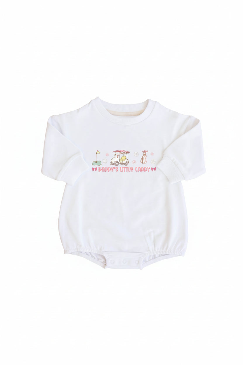 Daddy's Little Caddy Graphic Sweatshirt Bubble Romper | White