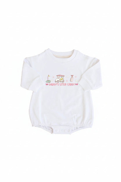 Daddy's Little Caddy Graphic Sweatshirt Bubble Romper | White