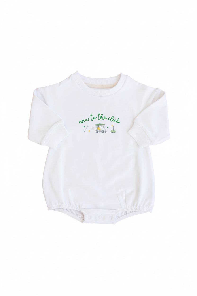 New To The Club Graphic Sweatshirt Bubble Romper | White