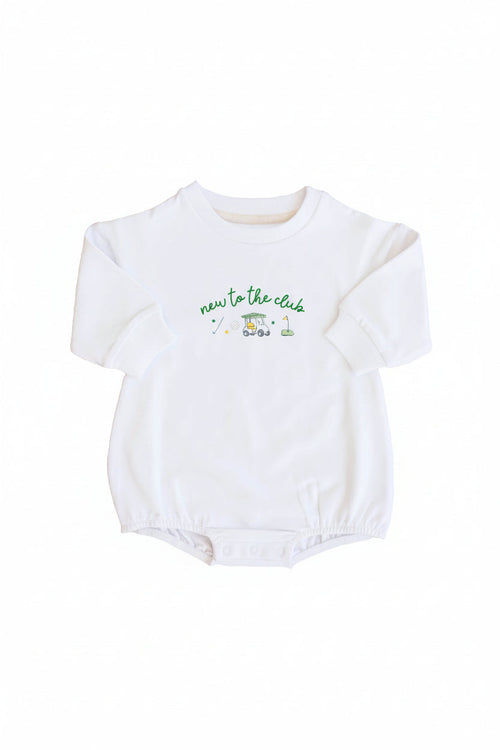 New To The Club Graphic Sweatshirt Bubble Romper | White
