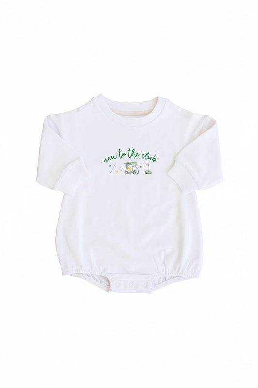New To The Club Graphic Sweatshirt Bubble Romper | White