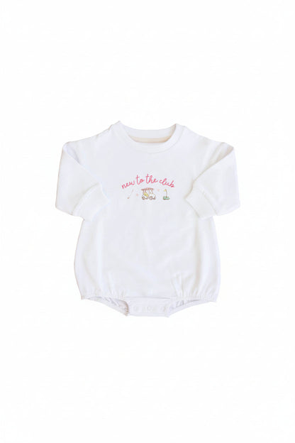 New To The Club Graphic Sweatshirt Bubble Romper | White