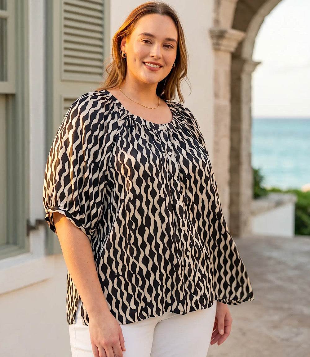 Plus Size Satin Short Sleeve Peasant Top
