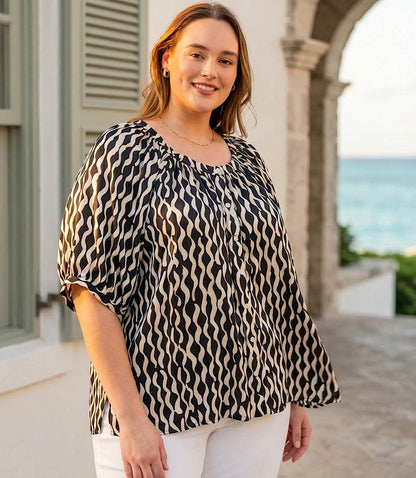 Plus Size Satin Short Sleeve Peasant Top