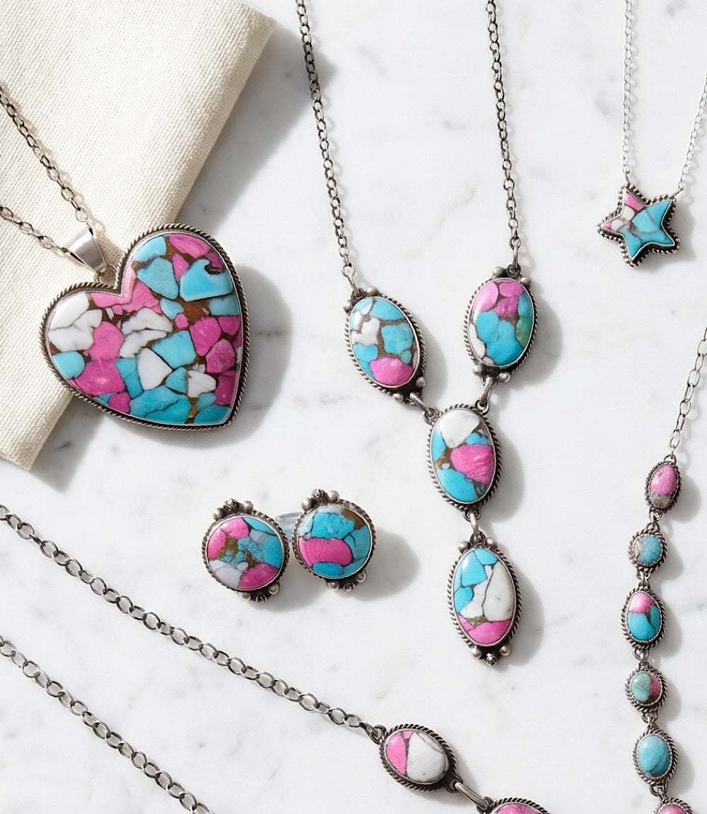 Cotton Candy Turquoise Lariat Necklace And Earring Set