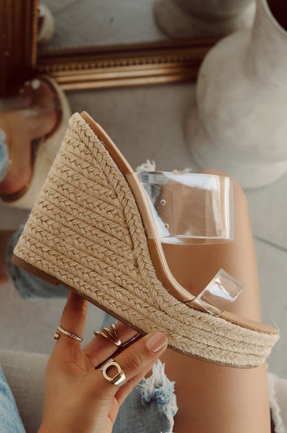 Midnight Beach Clear Strap Espadrille Platform Wedges - Natural