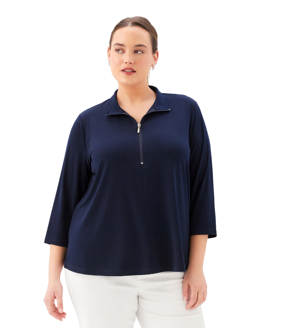 Plus Size 3/4 Sleeve Zip-Up Travel Jersey Top