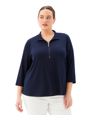Plus Size 3/4 Sleeve Zip-Up Travel Jersey Top